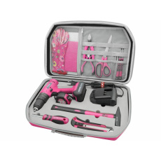 Extol Light 402403 vrtací šroubovák aku s příklepem, růžový, 12V Li-ion, 2000mAh, v kufru s nářadím, sada 27ks