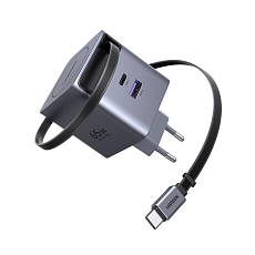 UGREEN síťová rychlonabíječka se zatahovacím kabelem 65W 3-Port, 2x USB-C, 1x USB-A, GaN, stříbrná