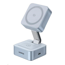 UGREEN magnetická bezdrátová nabíječka 2v1 MagFlow Qi2.2, 25W, MagSafe, stříbrná