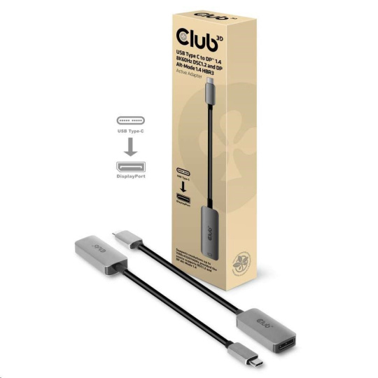 Club3D Aktívny adaptér USB-C na DisplayPort 1.4, 8K60Hz DSC1.2 HDR HBR3