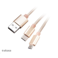Kábel AKASA 2v1 z USB typu A na Micro-B a USB typu C, 120 cm, zlatý Kábel AKASA 2v1 z USB typu A na Micro-B a USB typu C, 120 cm, zlatý