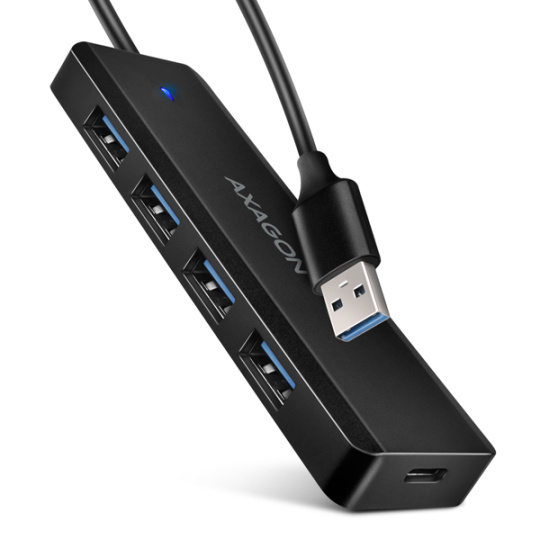 AXAGON HUE-C1A, 4x USB 5Gbps TRAVEL hub, USB-C napájací konektor, kábel USB-A 19cm