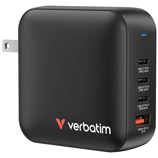 VERBATIM GaN Nabíječka Mini GaN 165W, 3xUSB-C, 1x USB-A, černá VERBATIM GaN Nabíječka Mini GaN 165W, 3xUSB-C, 1x USB-A, černá