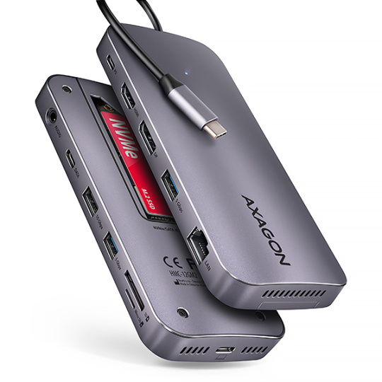 AXAGON HMC-12GM2, USB 10Gbps hub, 3x USB-A, USB-C,  HDMI, DP, RJ-45 GLAN, M.2, SD/mSD, audio, PD 100W, kábel USB-C 50cm