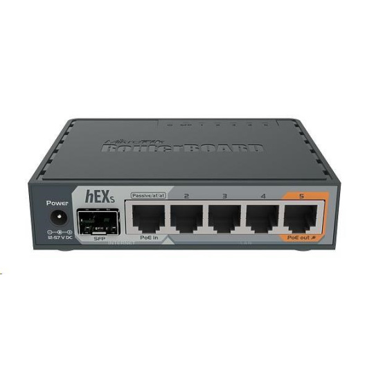 MikroTik RouterBOARD hEX S, 880MHz dvojjadrový CPU, 256MB RAM, 5x LAN, 1x SFP, PoE in/out, USB, microSD slot, vrátane. Licencia L4