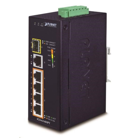 Planet IGS-614HPT, PoE switch, 5x 1000Base-T, 1x SFP, 4x PoE 802.3at, -40~+75°C, 12-56VDC, dual-power, DIN