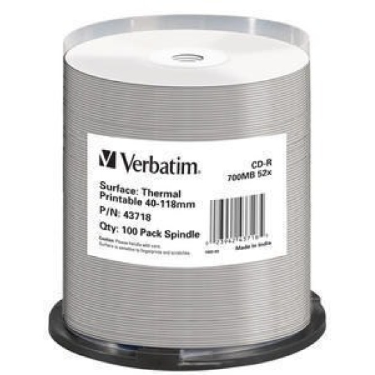 VERBATIM CD-R(100-Pack)Spindle/AZO/52x/700MB/Thermal Printable No ID Brand