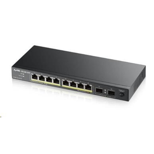 Zyxel GS1100-10HP v2 10portový gigabitový PoE switch, 8x gigabitový PoE RJ45, 2x SFP, 120W PoE rozpočet