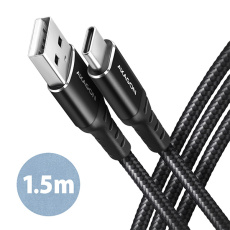 AXAGON BUCM-AM15AB, HQ kábel USB-C <-> USB-A, 1.5 m, USB 2.0, 3A, ALU, opletenie, čierny