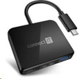 Rozbočovač CONNECT IT USB-C, 3v1 (USB-C,USB-A,HDMI), externý, čierny