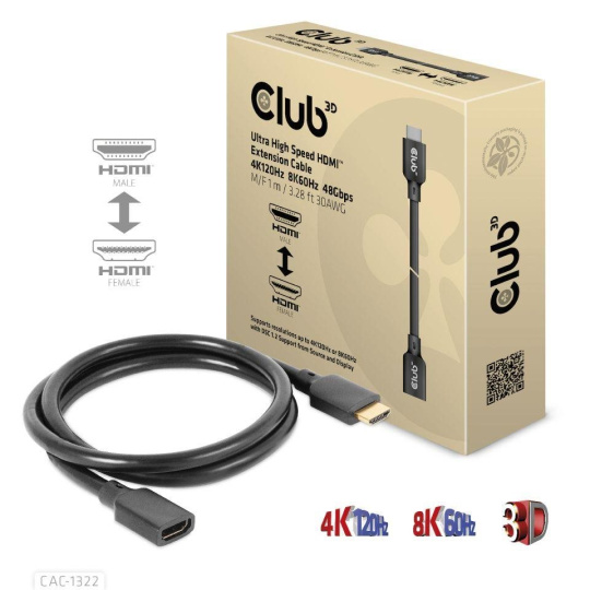 Club3D prodlužovací Ultra rychlý HDMI kabel, 4K120Hz, 8K60Hz, 48Gbps, M/F, 1m, 30 AWG