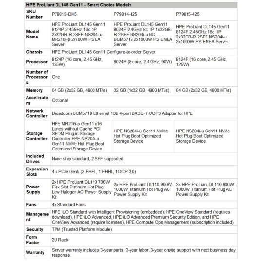HPE PL DL145g11 AMD 8024P (2.4/8C) 1x32G 2SFF NS204i-u 2x1000W 4p1Gb Smart Choice