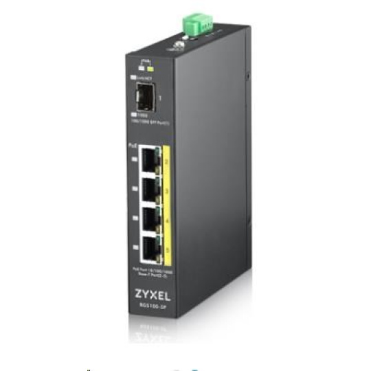 Zyxel RGS100-5P 5-portový gigabitový prepínač PoE, 4x GbE + 1x SFP, rozpočet PoE 120 W, montáž na DIN lištu/stenovú montáž, IP30