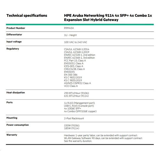 HPE Aruba Networking 9114 4x SFP+ 4x Combo 1x Expansion Slot Hybrid Gateway