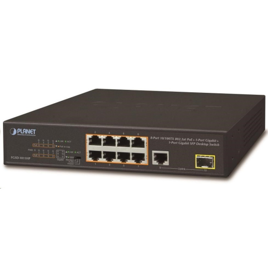 Planet FGSD-1011HP Switch, 8x 10/100 PoE, 1x TP + 1x SFP 1000Base-X, extend mód 10Mb, ESD, 802.3at 120W, fanless