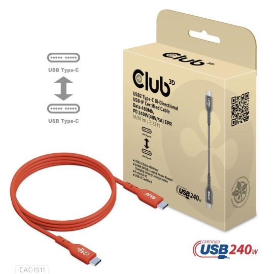 Club3D kabel USB-C, Oboustranný USB-IF Certifikovaný data kabel, PD 240W(48V/5A) EPR M/M 1m