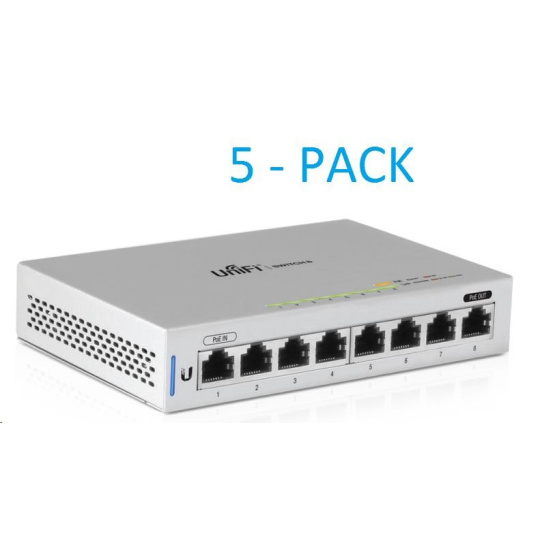 UBNT UniFi Switch US-8, 5-PACK, bez napájacích adaptérov! [8xGigabit, 1xPoE in, 1xPoE out, neblokujúce 8Gbps]