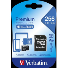 Karta VERBATIM MicroSDXC 256GB Premium, U1 + adaptér