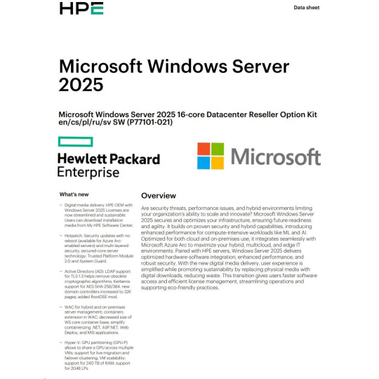 HPE Windows Server 2025 16-core Datacenter Reseller Option Kit (CZ EN Russia Pol Swe)