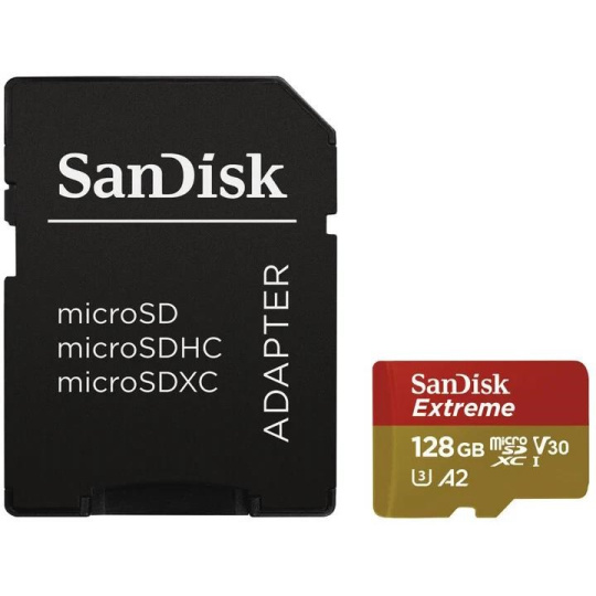 Karta SanDisk micro SDXC 128 GB Extreme Action Cams and Drones (190 MB/s Class 10, UHS-I U3 V30) + adaptér