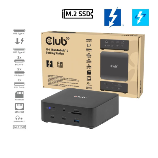 Club3D Dokovací stanice Thunderbolt 5 13v1, 1xUSB-C TB5, 2xUSB-C, 3xUSB-A, 2xHDMI, 1xmicroSD/SD,1xEthernet, 1xM.2 Club3D Dokovací stanice Thunderbolt 5 13v1, 1xUSB-C TB5, 2xUSB-C, 3xUSB-A, 2xHDMI, 1xmicroSD/SD,1xEthernet, 1xM.2
